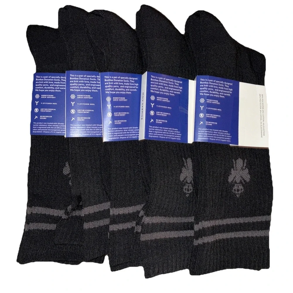 BOMBAS Socks Men's L‎ (US 9.5-13) Black Gray Stripe Calf Logo NEW Lot Of 5